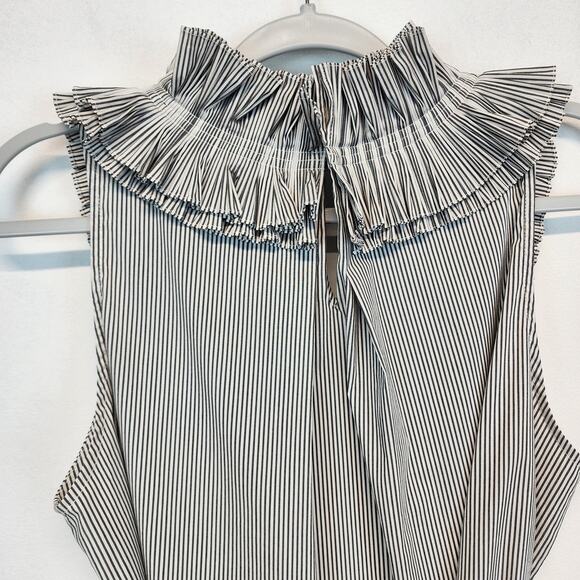 Bcbgmaxazria Ruffle Neck Sleeveless Blouse Size M Gray Stripe Stretch Avant Chic - Picture 5 of 10